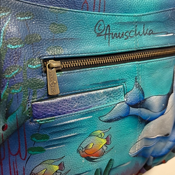 [Anuschka] Hand-Painted Leather Medium Flap Messenger Bag Purse, "Dolphin World" - Picture 7 of 16